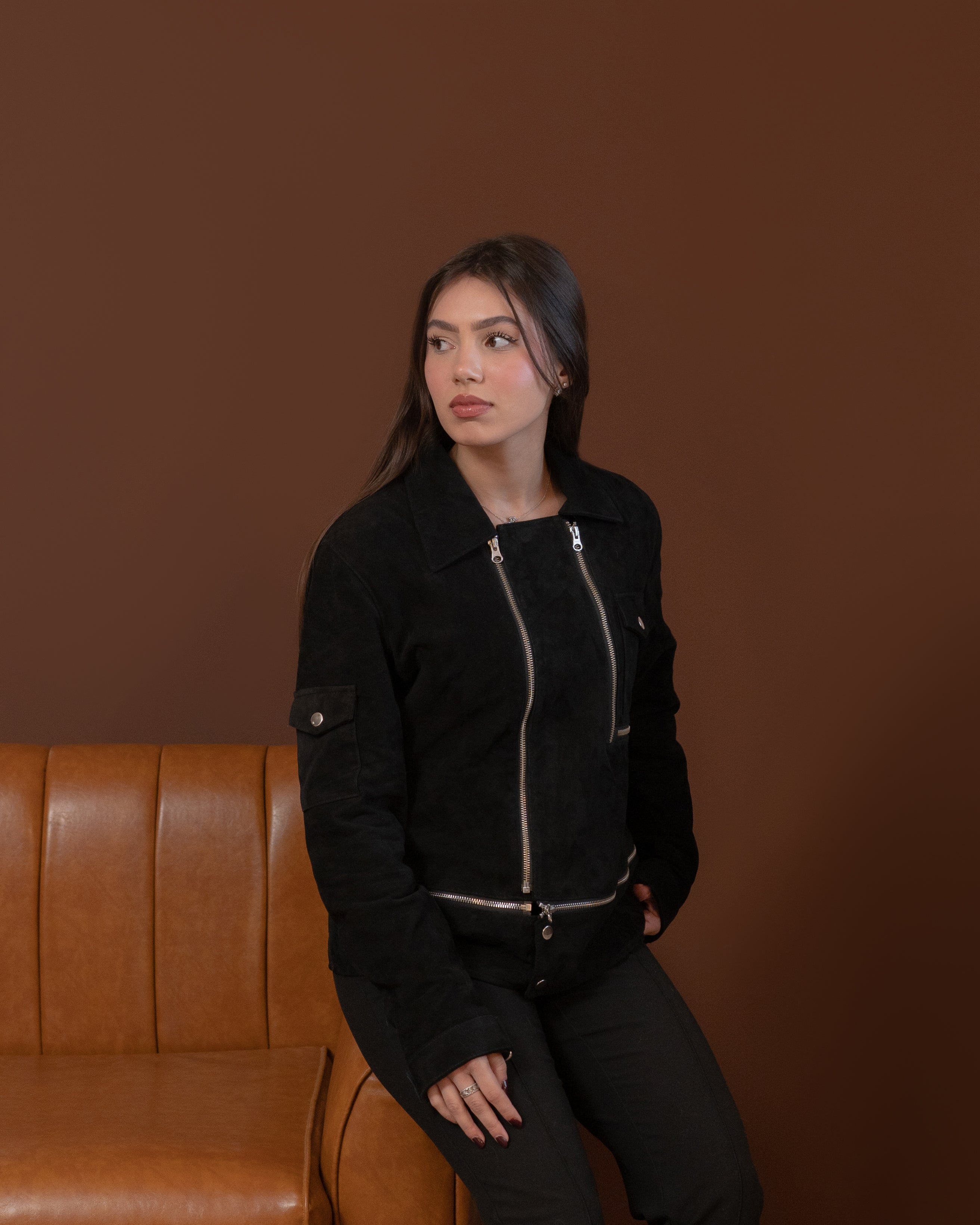 Crew Neck Leather Jacket